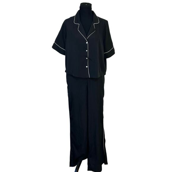 Jason Wu Black Pajama Set Women’s L Short Sleeve Button Top Pants White Piping - Picture 2 of 12
